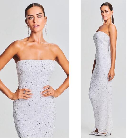 Retrofete Riverly Strapless Sequin Embellished Silver White Maxi Dress Size XS - Picture 2 of 9